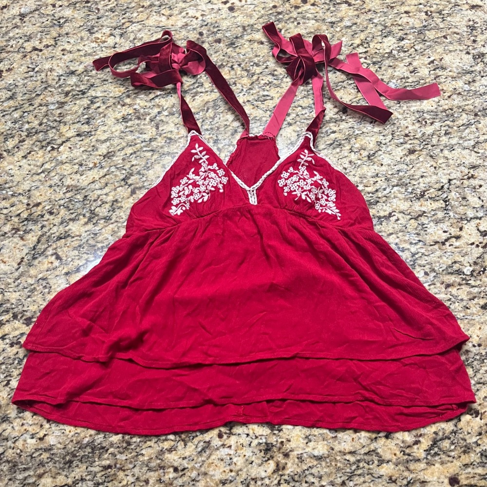 Boho Red Embroidered Babydoll Camisole Velvet Tie Straps Tiered Tank Top S